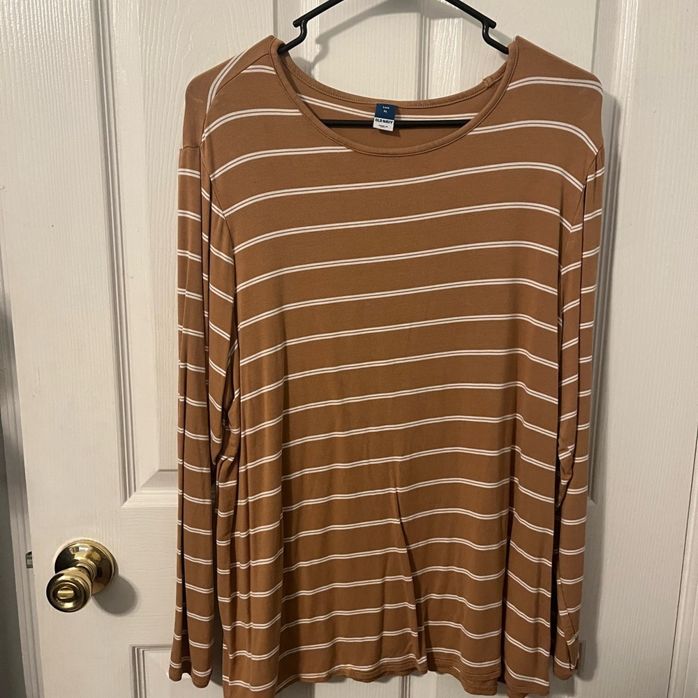 Old Navy Tan and White Striped Long Sleeve Top